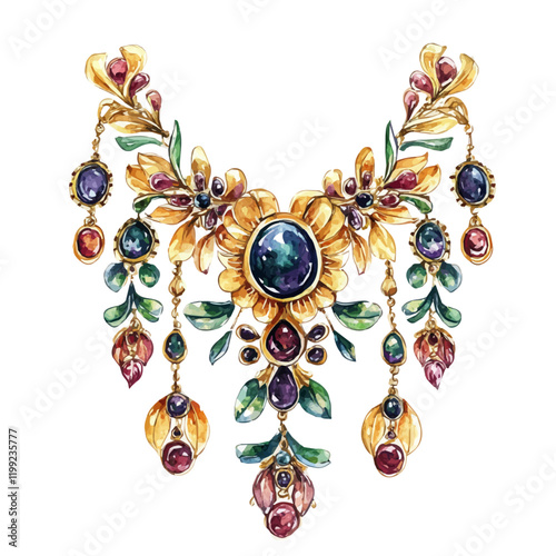 A watercolor vector painting of Russian gold jewelry design reflecting the grandeur and authenticity of Russia, isolated on a white background.

