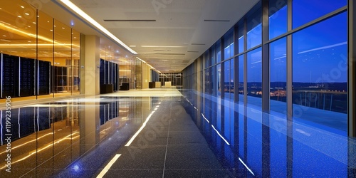 Empty Contemporary Office Interior: Glossy Elegance with Floor-to-Ceiling Window Views photo