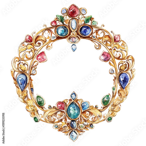 A watercolor vector painting of Russian gold jewelry design reflecting the grandeur and authenticity of Russia, isolated on a white background.

