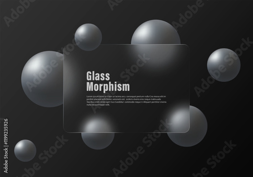 Black background in glass morphism style. Transparent banner with spheres. Realistic glass morphism effect.