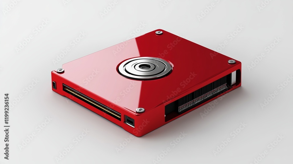 A hard drive depicted with red file storage, isolated on a white background A hard drive depicted with red file storage, isolated on a white background