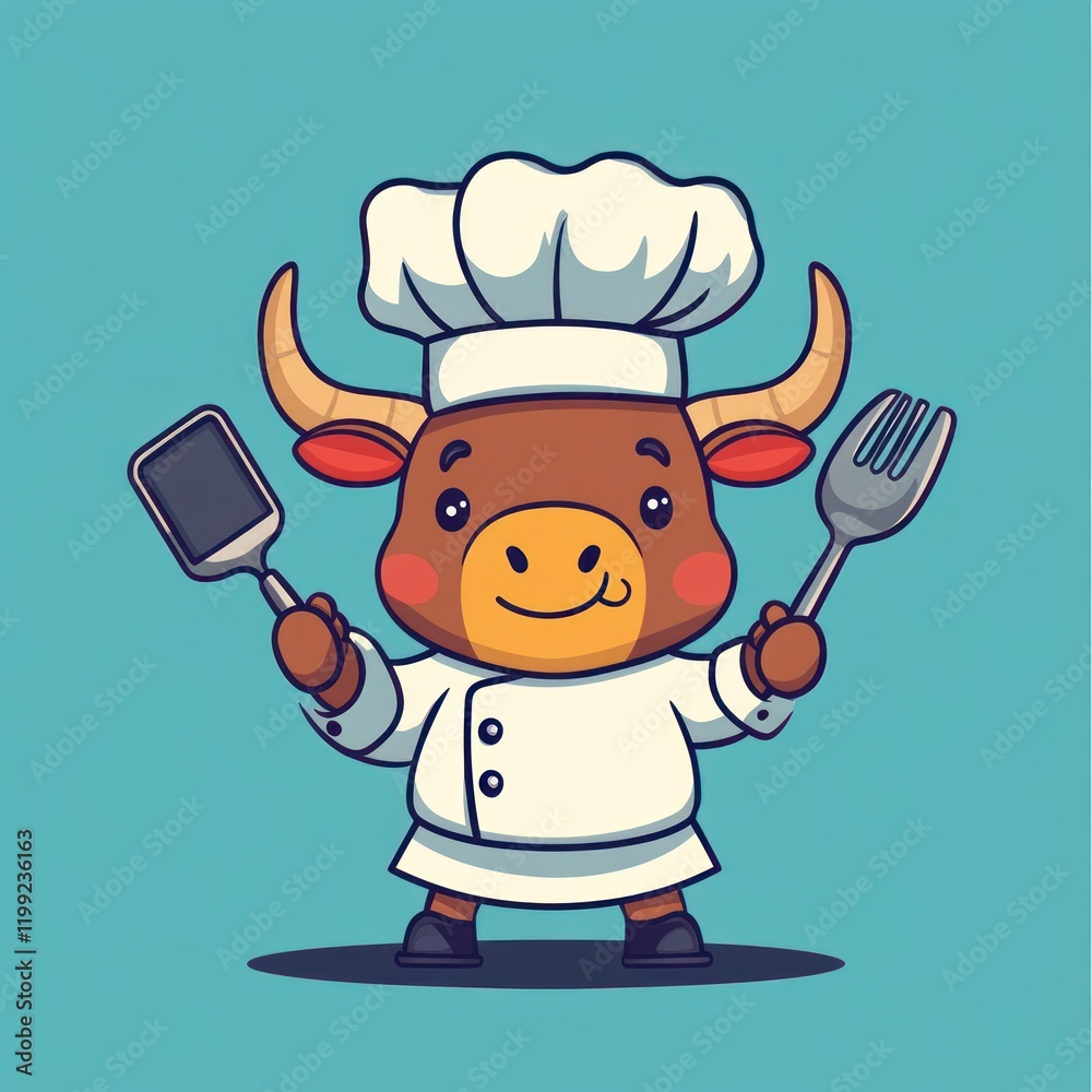 Cartoon bull cook holding cooking tools stands on a blue background, for use in culinary art Cartoon bull cook holding cooking tools stands on a blue background, for use in culinary art