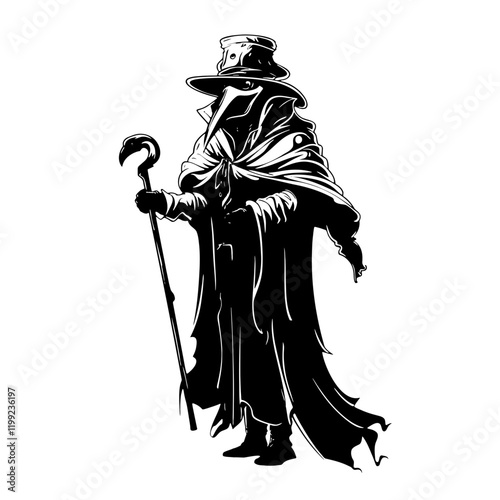 Plague Doctor – A Dark and Intriguing Symbol of History and Mystery. This Unique Artwork Depicts the Iconic Masked Figure, Perfect for Historical Projects, Gothic Designs, and Halloween-Themed Art