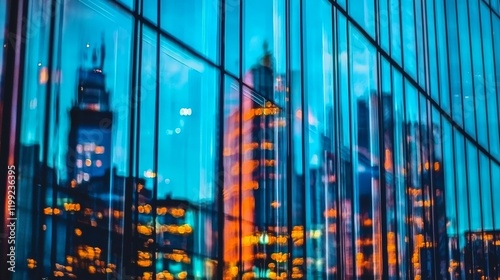 Vibrant Cityscape Reflections on Modern Glass Architecture at Dusk