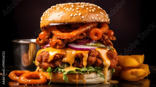 Mouthwatering gourmet fried chicken burger with melted cheese and crispy golden onion rings a savory and indulgent fast food delight that satisfies cravings for a hearty flavorful and satisfying meal photo