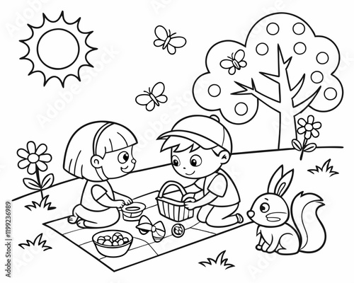 children playing and make picnic  in the garden coloring page vector, cartoon, color, coloring page, children, outline,