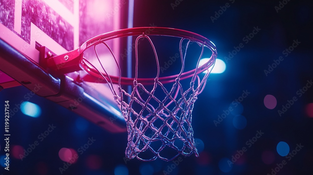 Close-up of a professional basketball hoop, illuminated with bold lighting on a black backdrop, perfect for sports-themed posters. Close-up of a professional basketball hoop, illuminated with bold lighting on a black backdrop, perfect for sports-themed posters.