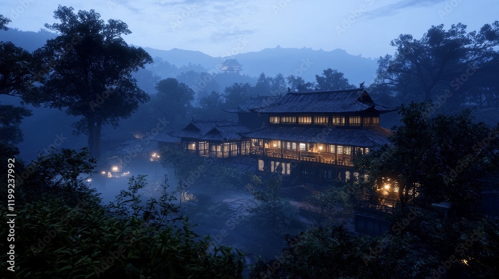 Fototapeta premium Tranquil Dusk at a Traditional Japanese Inn in Misty Forest
