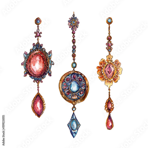 A watercolor vector painting of Ottoman jewelry with traditional designs highlighting the intricate and timeless artistry, isolated on a white background.

