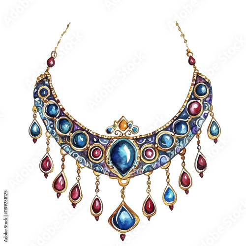 A watercolor vector painting of Ottoman jewelry with traditional designs highlighting the intricate and timeless artistry, isolated on a white background.

