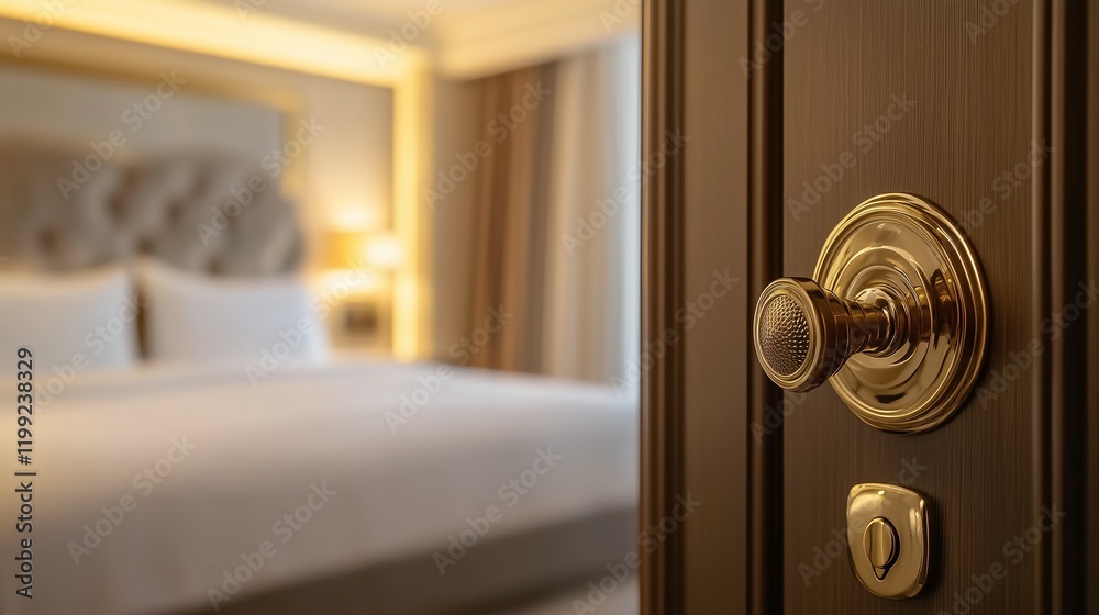 An elegant brass door handle on a hotel room door, exuding a vintage and sophisticated style. The shiny brass finish complements the rich tones of the door, creating a luxurious entryway for guests. An elegant brass door handle on a hotel room door, exuding a vintage and sophisticated style. The shiny brass finish complements the rich tones of the door, creating a luxurious entryway for guests.