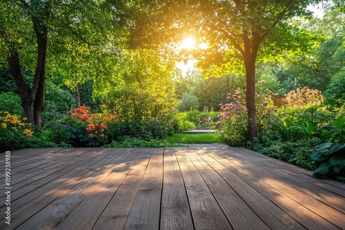 Wooden terrace overlooking beautiful garden with blooming flowers at sunset