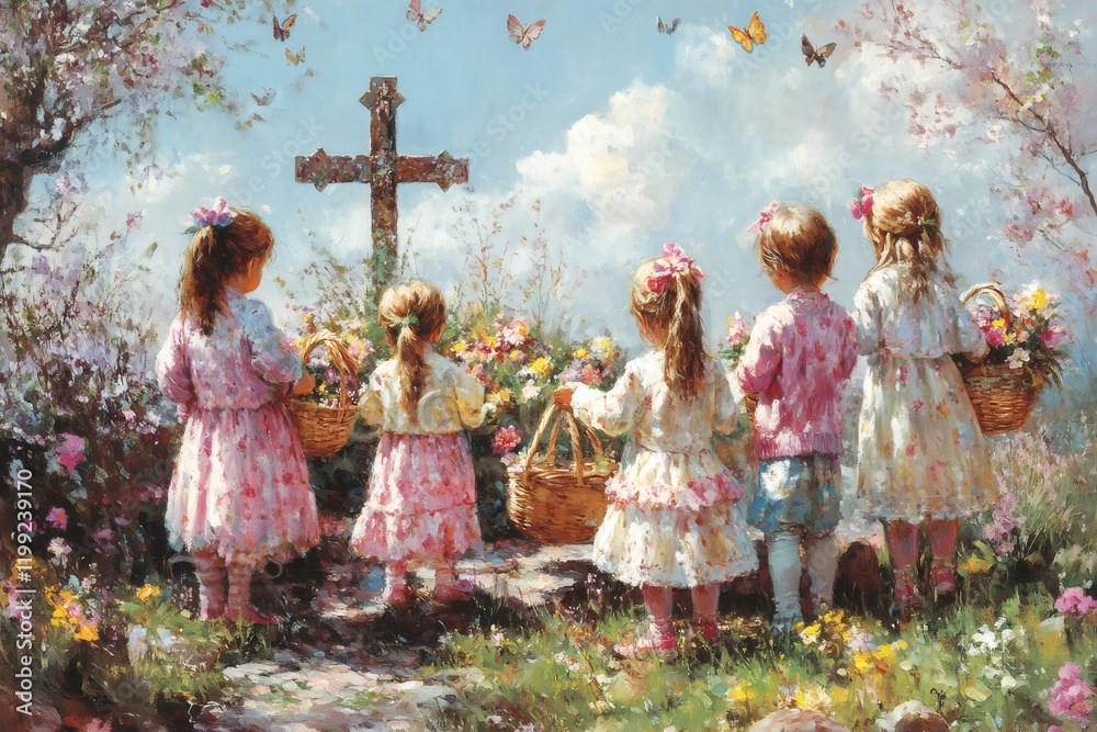 Fototapeta premium Young girls bringing flowers to a cross in a field with butterflies