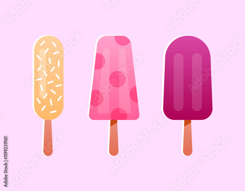 Fruit ice lolly set. Ice cream popsicle sticker collection. Bright summer illustration of frozen sweet dessert.