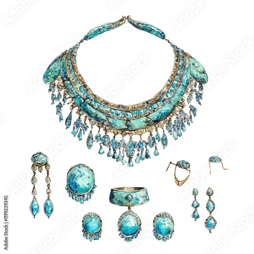 A watercolor vector painting of Neyshabur turquoise in Iranian necklaces, radiating unmatched beauty, isolated on a white background.

