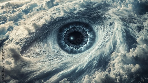 Eye of the storm; swirling clouds forming a giant eye in the sky.