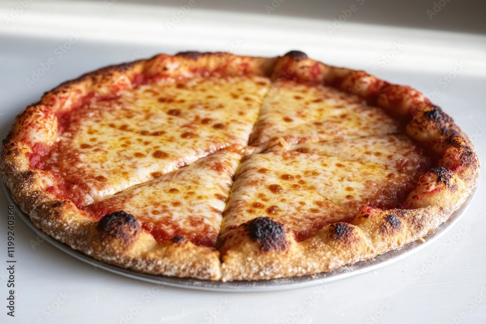 Cheesy pizza with golden crust, evenly sliced, showcasing delici Cheesy pizza with golden crust, evenly sliced, showcasing delici