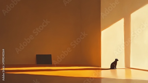 Silhouette of a cat sitting in sunlit room. Minimalist interior, warm sunlight, peaceful atmosphere. Perfect for home, pet, or serenity themes.