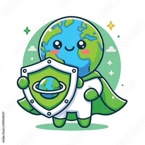 Cute Earth cartoon character holding a shield to protect the planet