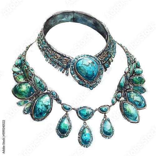 A watercolor vector painting of Neyshabur turquoise enhancing necklace, earrings, and ring sets with art, isolated on a white background.

