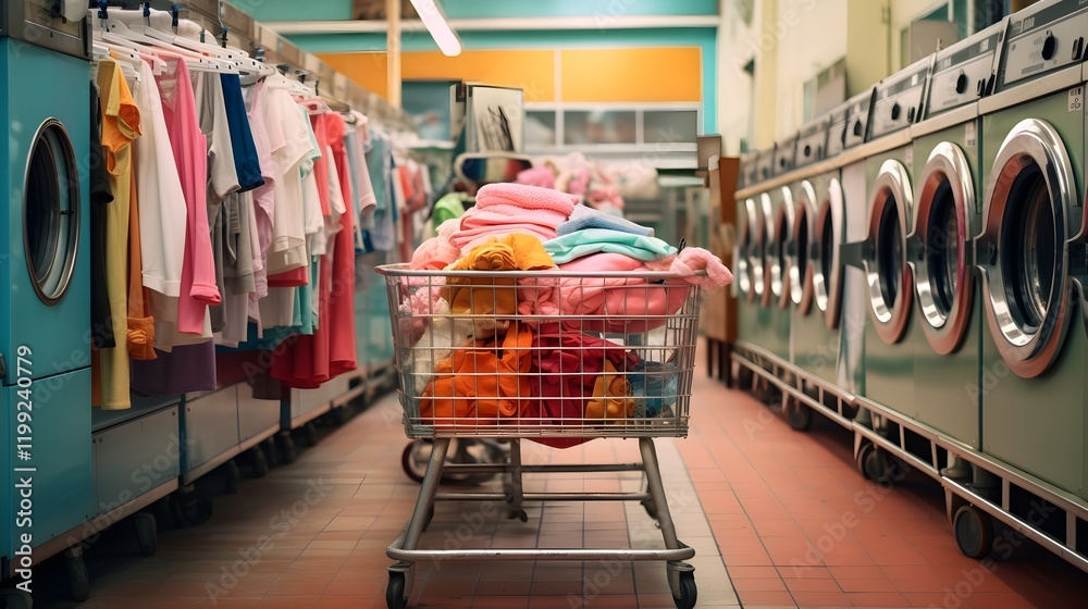 Obraz premium Vibrant Laundry Cart Filled with Neatly Arranged Colorful Clothes Sitting in the Aisle of a Tidy Well Lit Laundromat Interior