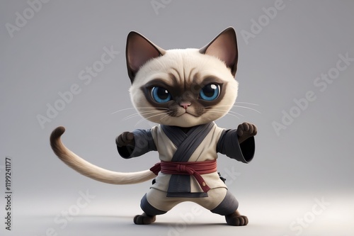 Cute cartoon Siamese cat in martial arts gi, fighting stance. photo