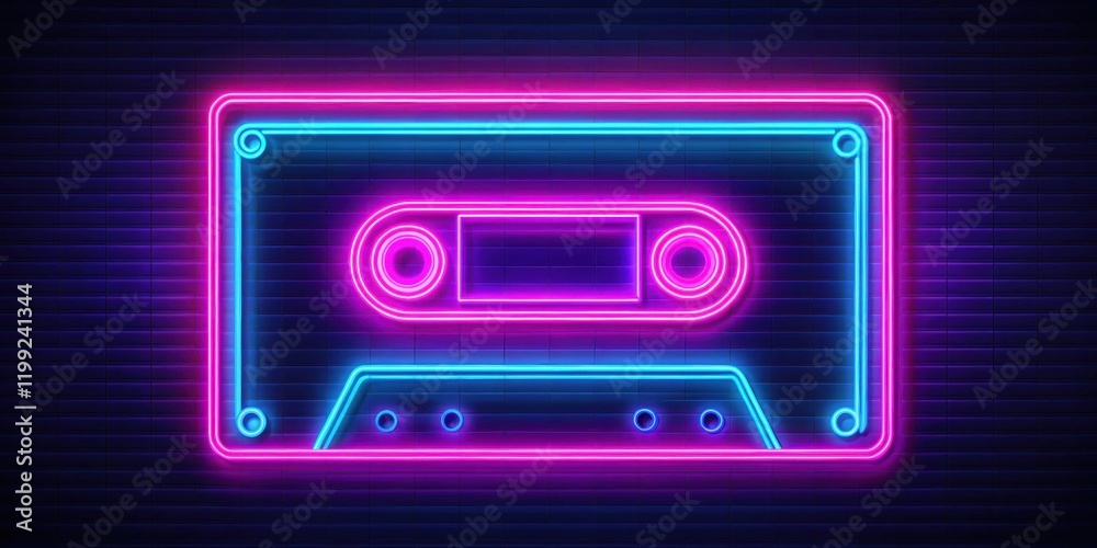 Fototapeta premium Neon-lit vector icon of a vintage-style cassette tape , tape, electronics, tape