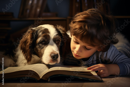 A boy and a dog are reading a book on the floor.