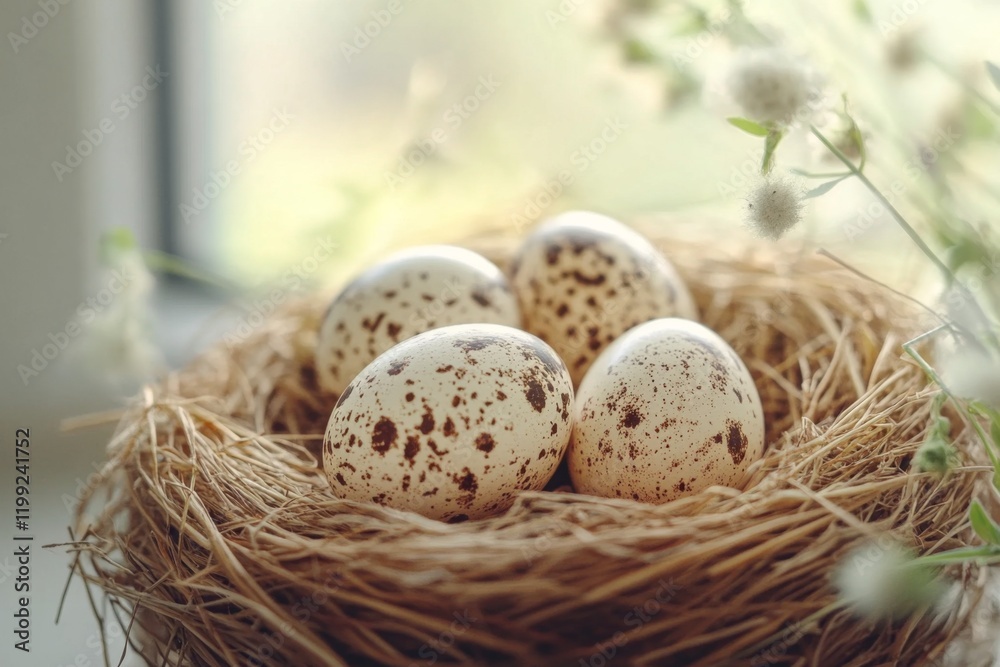 Nest with speckled eggs in natural light Nest with speckled eggs in natural light