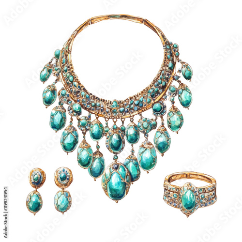 A watercolor vector painting of Neyshabur turquoise adorning a complete set of Iranian necklace, earrings, and ring, isolated on a white background.

