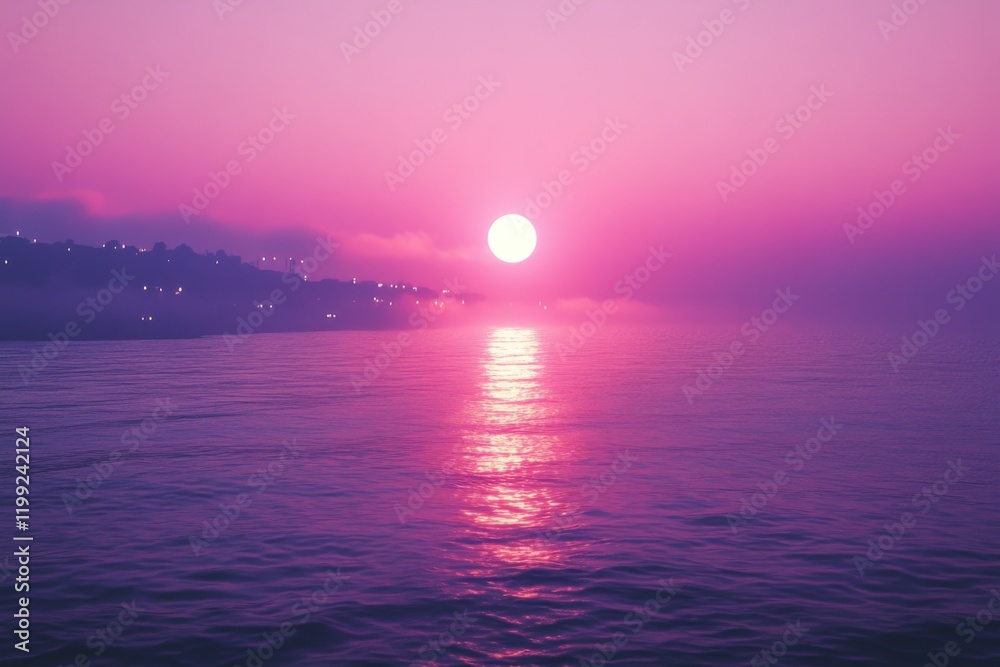 Sunset over ocean with purple sky and calm water reflecting light Sunset over ocean with purple sky and calm water reflecting light