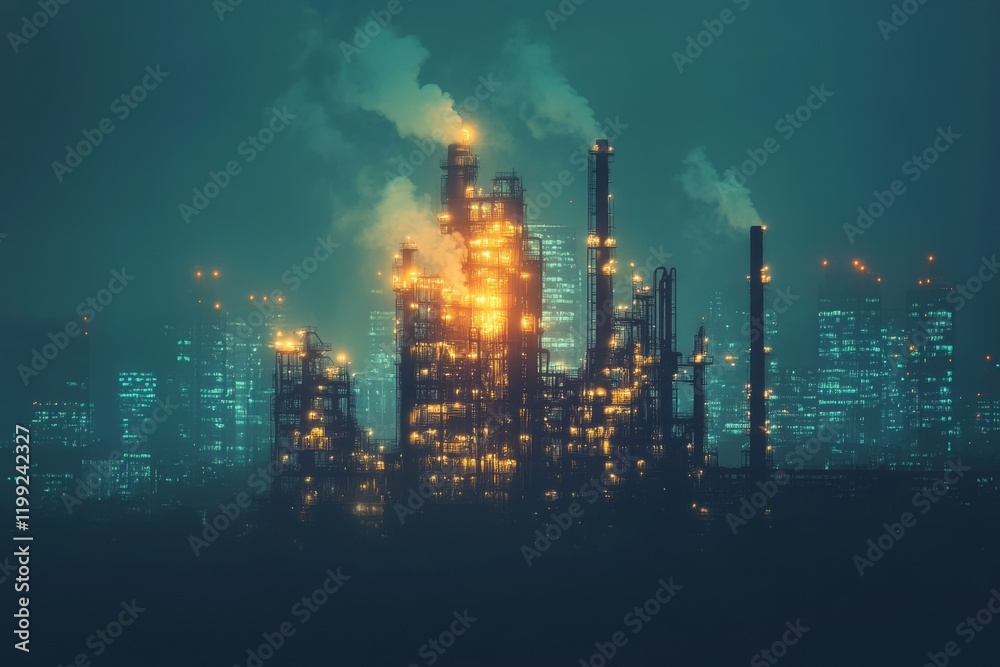Obraz premium Industrial factory with smoke stacks emitting pollution into dark sky
