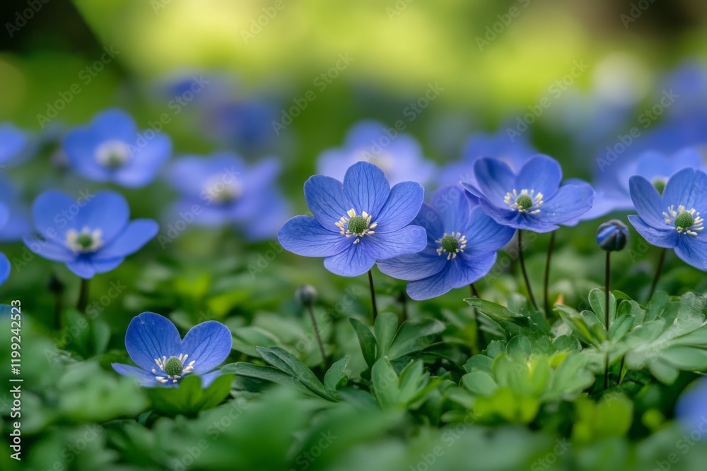 Close-up of vibrant blue flowers blooming in a green meadow Close-up of vibrant blue flowers blooming in a green meadow