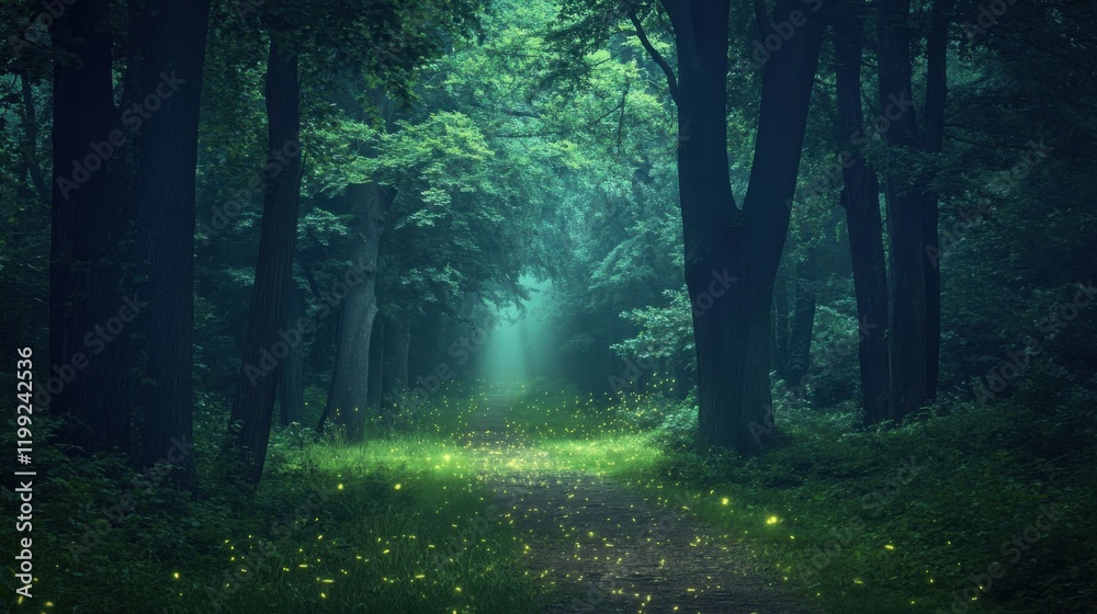 Fototapeta premium The forest is bathed in the warm glow of morning light as it filters through tall trees, illuminating the rich green foliage and creating a calm and inviting scene 