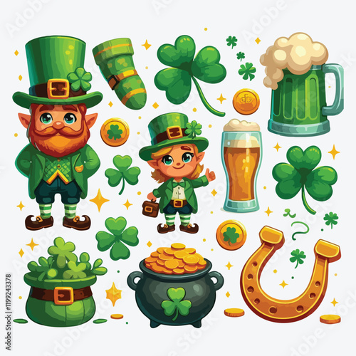 Patrick Day elements Funny leprechaun Cartoon dwarf. Green cylinder. Beer mug vector
