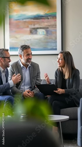 A group of professionals discussing ideas in a modern office setting.