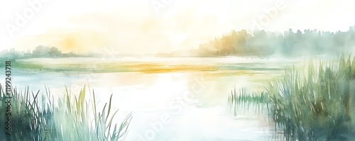 Serene watercolor landscape painting of a calm lake at sunrise, with soft colors and misty atmosphere. Ideal for home decor or nature-themed projects.