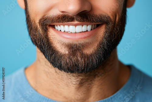 close up of man mouth displaying healthy, bright teeth and well groomed beard, set against light blue background. smile conveys confidence and positivity photo