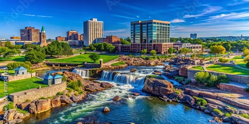 Sioux Falls South Dakota Skyline, Colorful Buildings, Blue Sky, AI Photography