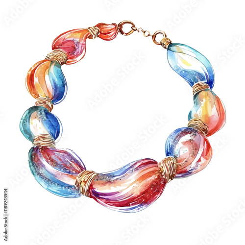 A watercolor vector painting of Murano glass necklaces, capturing the vibrancy and artistry of Venetian craftsmanship, isolated on a white background.

