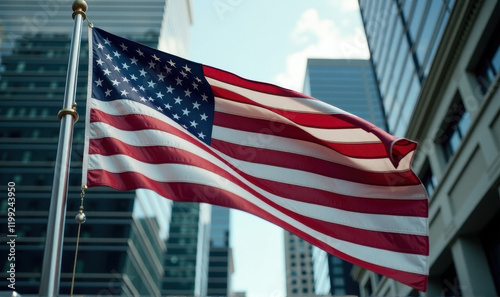 American Flag Displayed in a Vibrant Business District