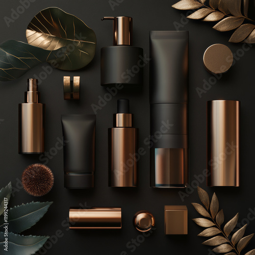 Artistic flat lay of metallic themed beauty products on dark background, showcasing elegant packaging and natural elements. Perfect for aesthetic and branding inspiration