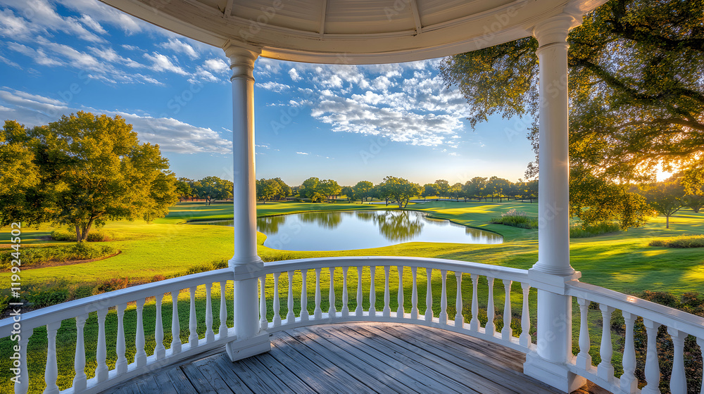 Fototapeta premium Serene sunrise view from a gazebo overlooking a lush golf course and tranquil pond. Perfect for relaxation and tranquility themed projects.