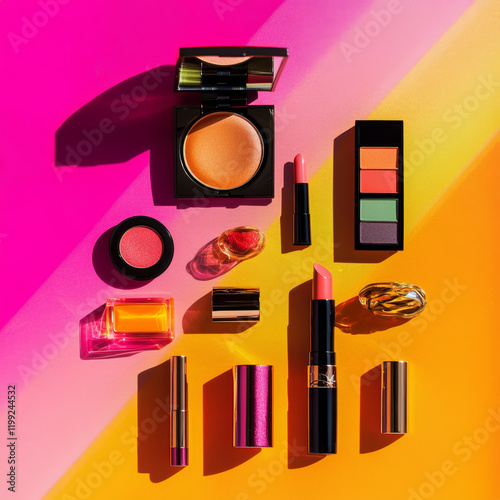 Colorful makeup products arranged in vibrant flat lay on bright background. assortment includes lipsticks, blush, eyeshadow palettes, and more, showcasing lively beauty aesthetic