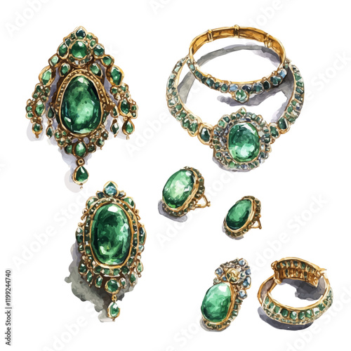 A watercolor vector painting of Mughal emerald sets, combining luxury and artistry, isolated on a white background.

