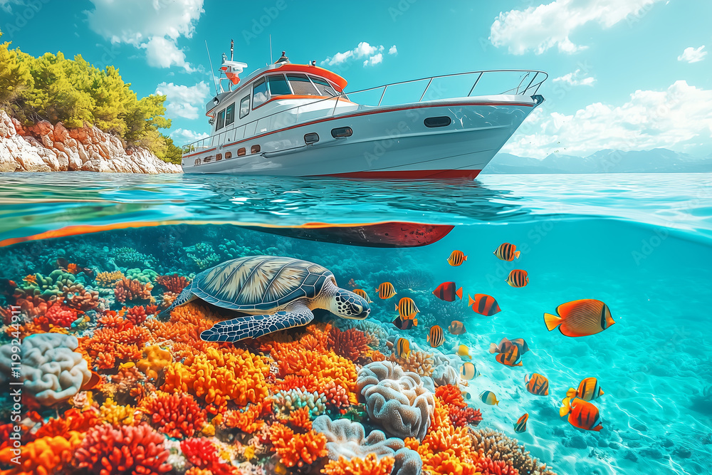 Fototapeta premium vibrant underwater scene featuring turtle swimming among colorful coral reefs and tropical fish, with boat above water. beauty of marine life is captivating