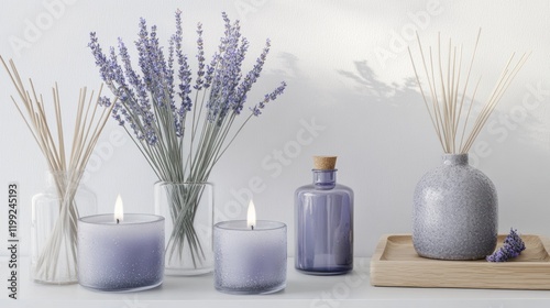 Elegant Lavender Aromatherapy Display with Candles, Diffusers and Dried Lavender Stems photo