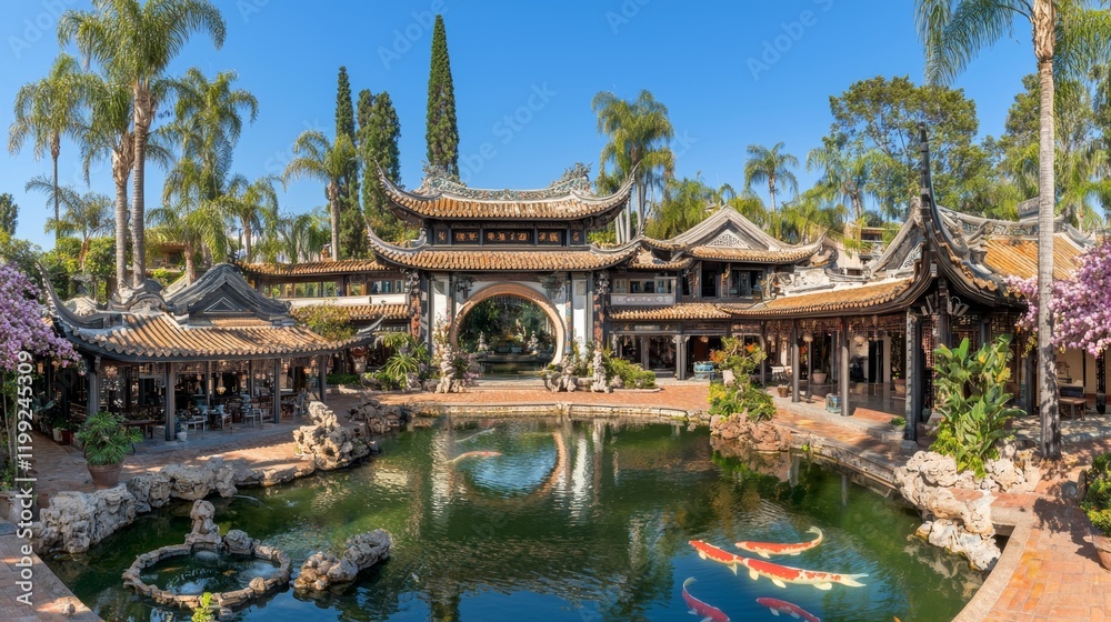 Scenic Traditional Chinese Garden with Koi Pond and Ancient Architecture in Lush Greenery