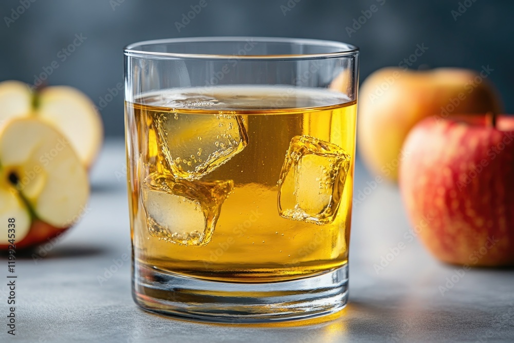 Golden drink with ice cubes in glass, fresh apples nearby, invit