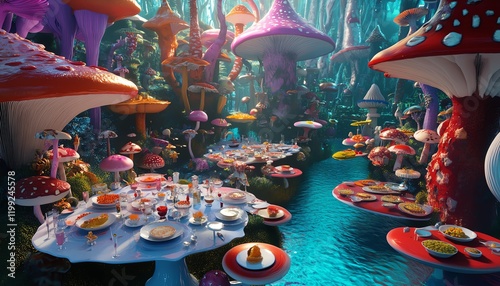 Wallpaper Mural Enchanted mushroom forest with whimsical tables laden with food, a fantasy feast in a vibrant, surreal landscape. Perfect for fairytale, fantasy, and whimsical themes. Torontodigital.ca